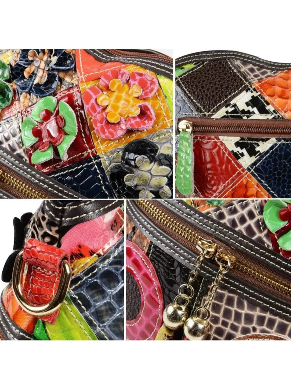 Colorful Floral Crossbody Bag | Vintage Cowhide Leather Shoulder Purse